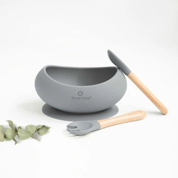 Miseczka silikonowa ze sztućcami, Olmitos; szara