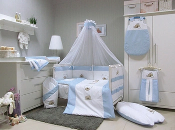 Pościel dziecięca do łóżeczka 5-el. Savea; misie niebieskie; 90x120cm