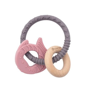 Gryzaczek silikonowo-drewniany z kółkiem, Olmitos; rybka różowa